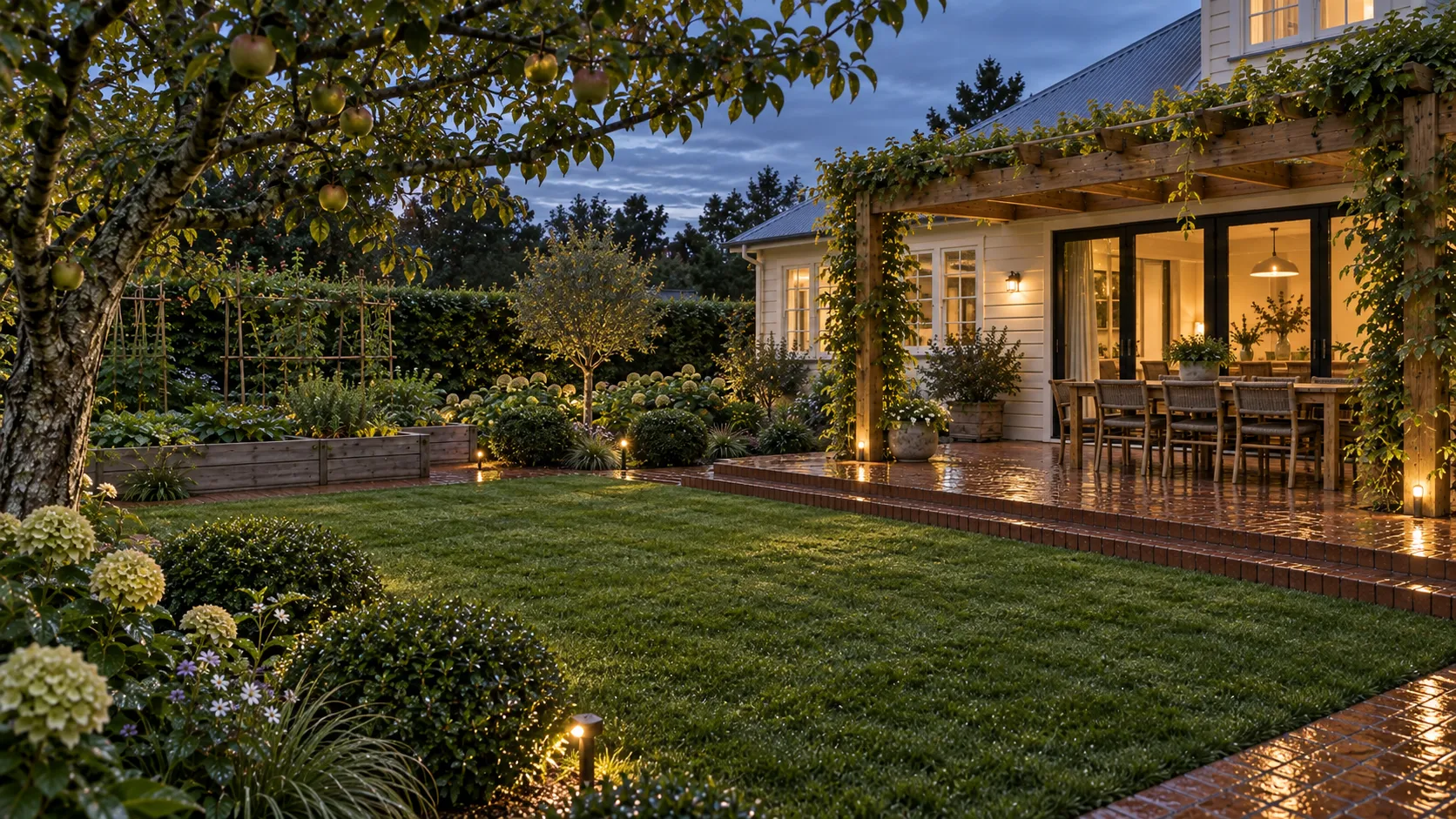 The family garden at blue hour with warm light beneath the pergola and subtle low lighting around the lawn