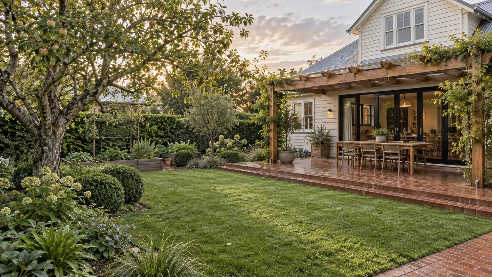 A broad family lawn beside a wet recycled-brick terrace, timber pergola and pale weatherboard home beneath a mature apple tree