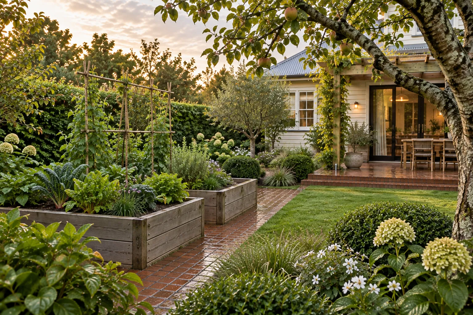 Raised timber vegetable beds connect to the terrace along a narrow recycled-brick path