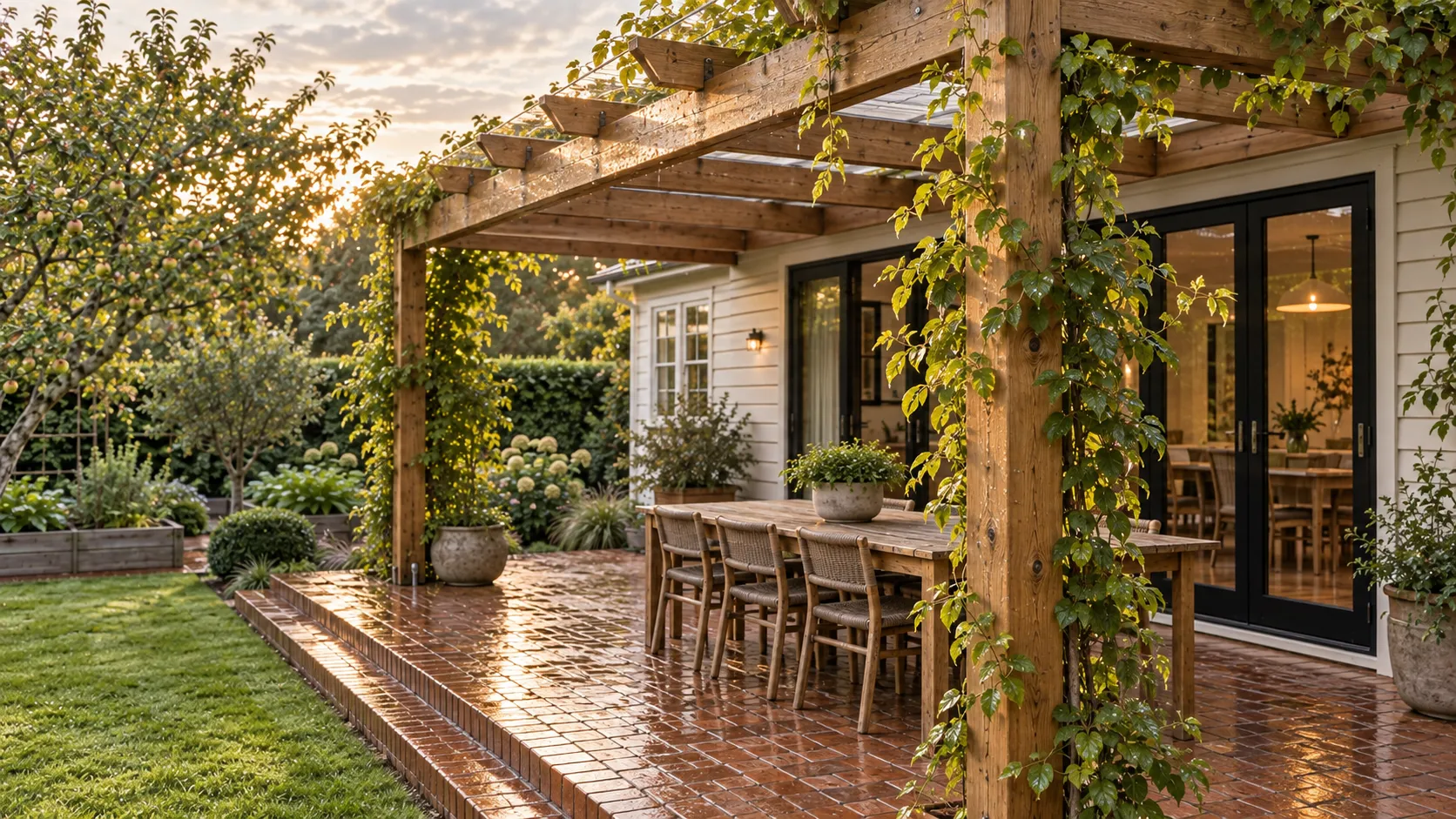 A natural timber pergola and climbing vine shelter a dining table on the recycled-brick terrace