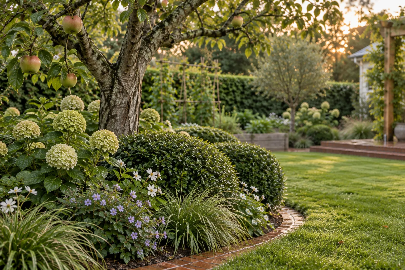Pale hydrangeas, clipped evergreen forms and soft grasses curve around the lawn beneath the apple tree