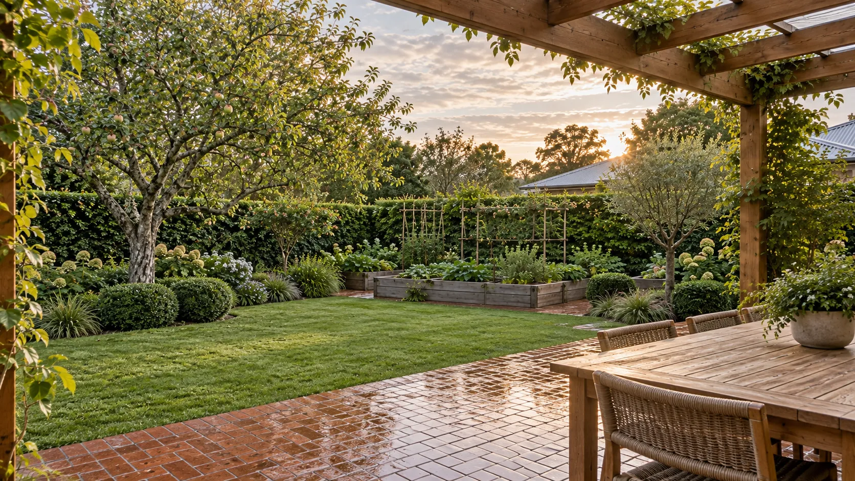 The lawn, mature apple tree and raised productive beds seen from beneath the timber pergola after rain