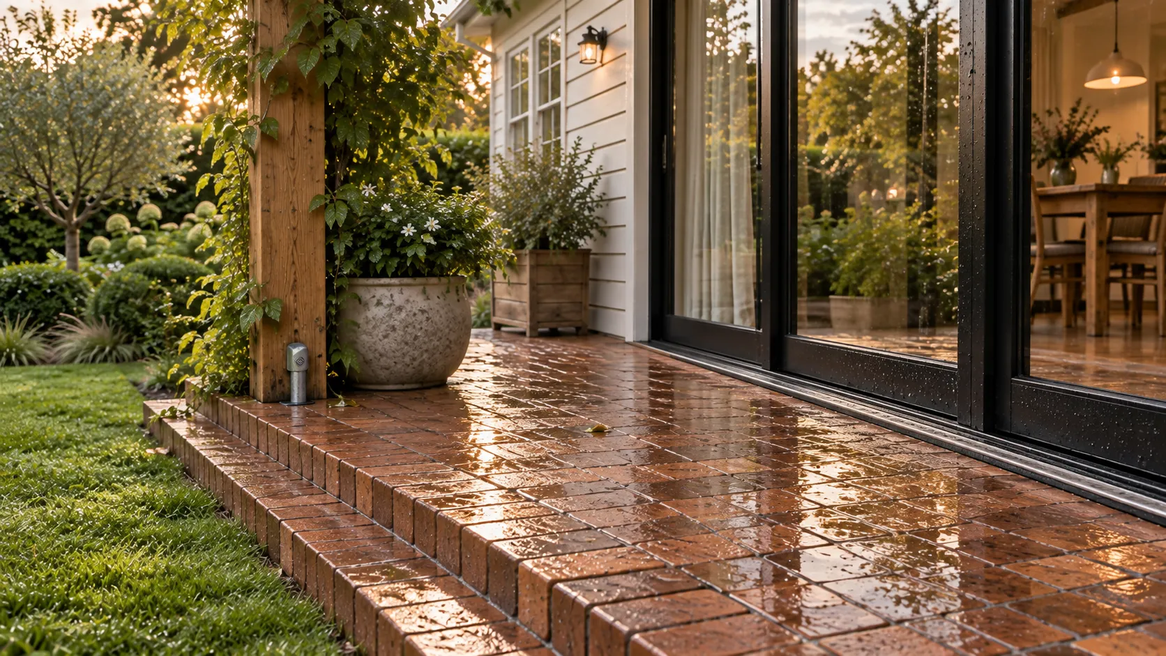 Wet recycled-clay brick meets a black-framed sliding door and timber pergola post at the house threshold