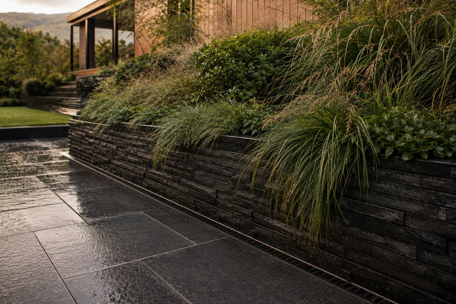 Native grasses and coprosma spill over a wet schist wall beside a linear drain