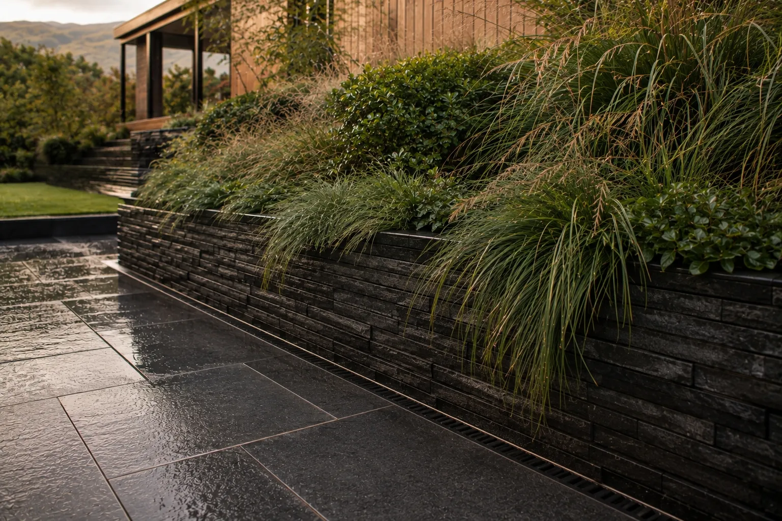 Carex, poa and coprosma spill over a dark schist wall above wet paving and a linear drain