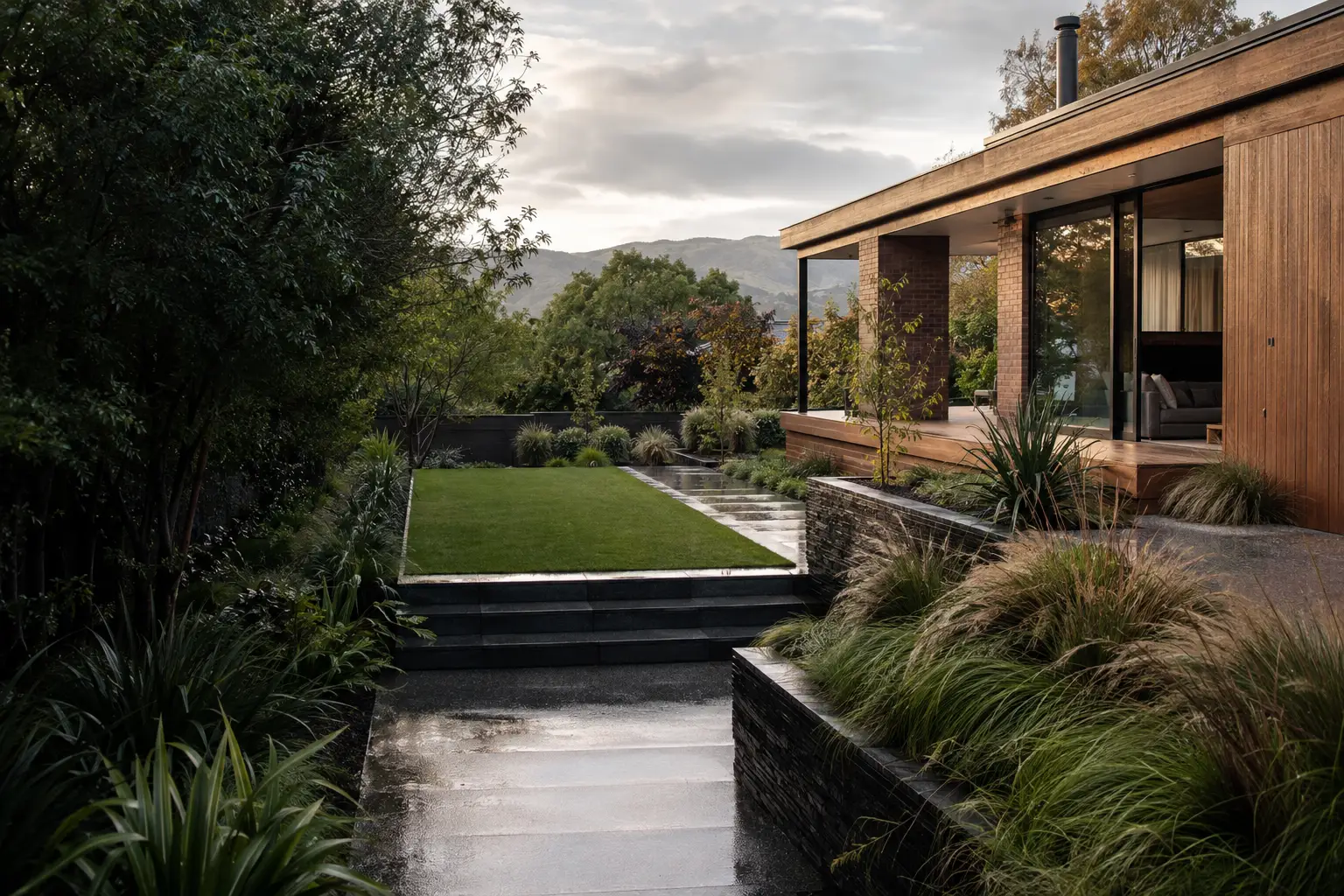 A planted terrace of native grasses and dark stone walls beside a timber and brick home after rain