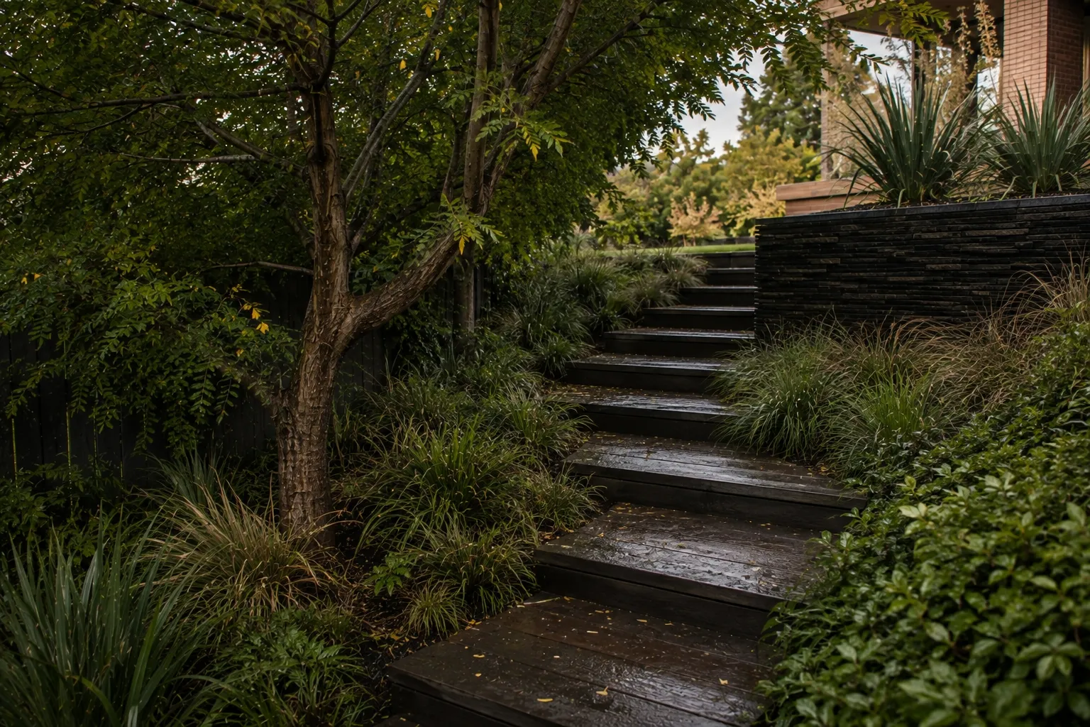 Timber steps climb through native planting beside a retained mature kowhai