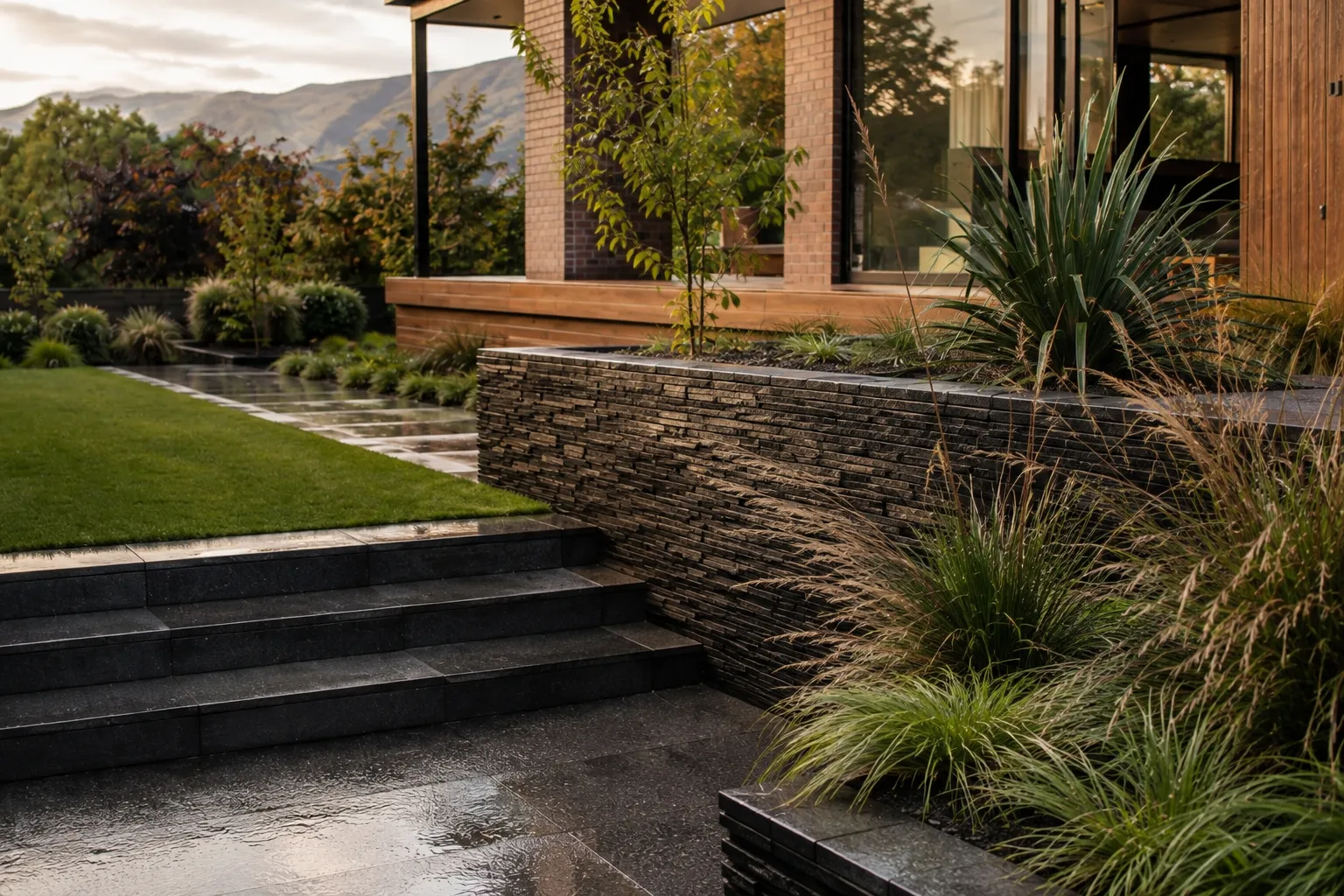 Broad basalt steps meet a thin-course schist wall planted with flax and native grasses