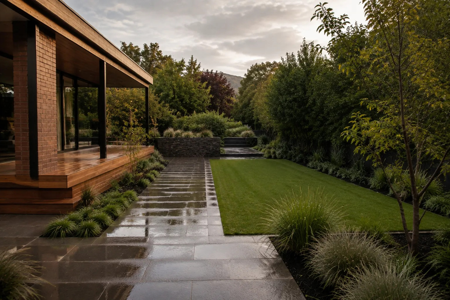 Wet stone paving runs beside the rectangular lawn towards schist terraces and dense boundary planting