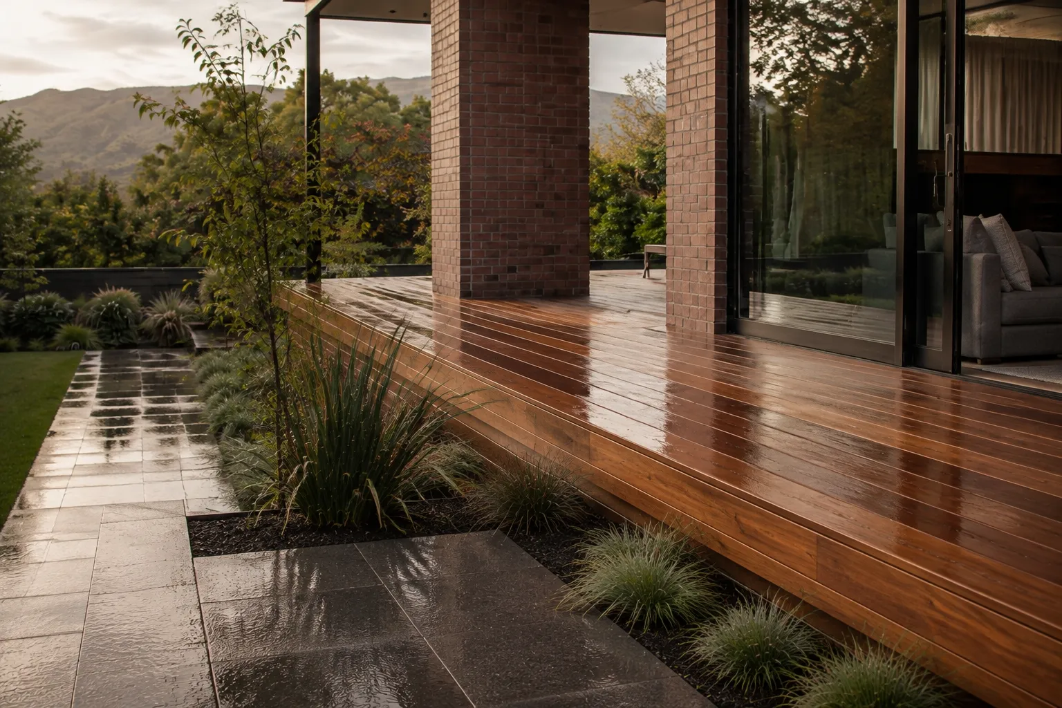 Rain-darkened timber decking meets basalt paving and native planting outside black-framed sliding doors