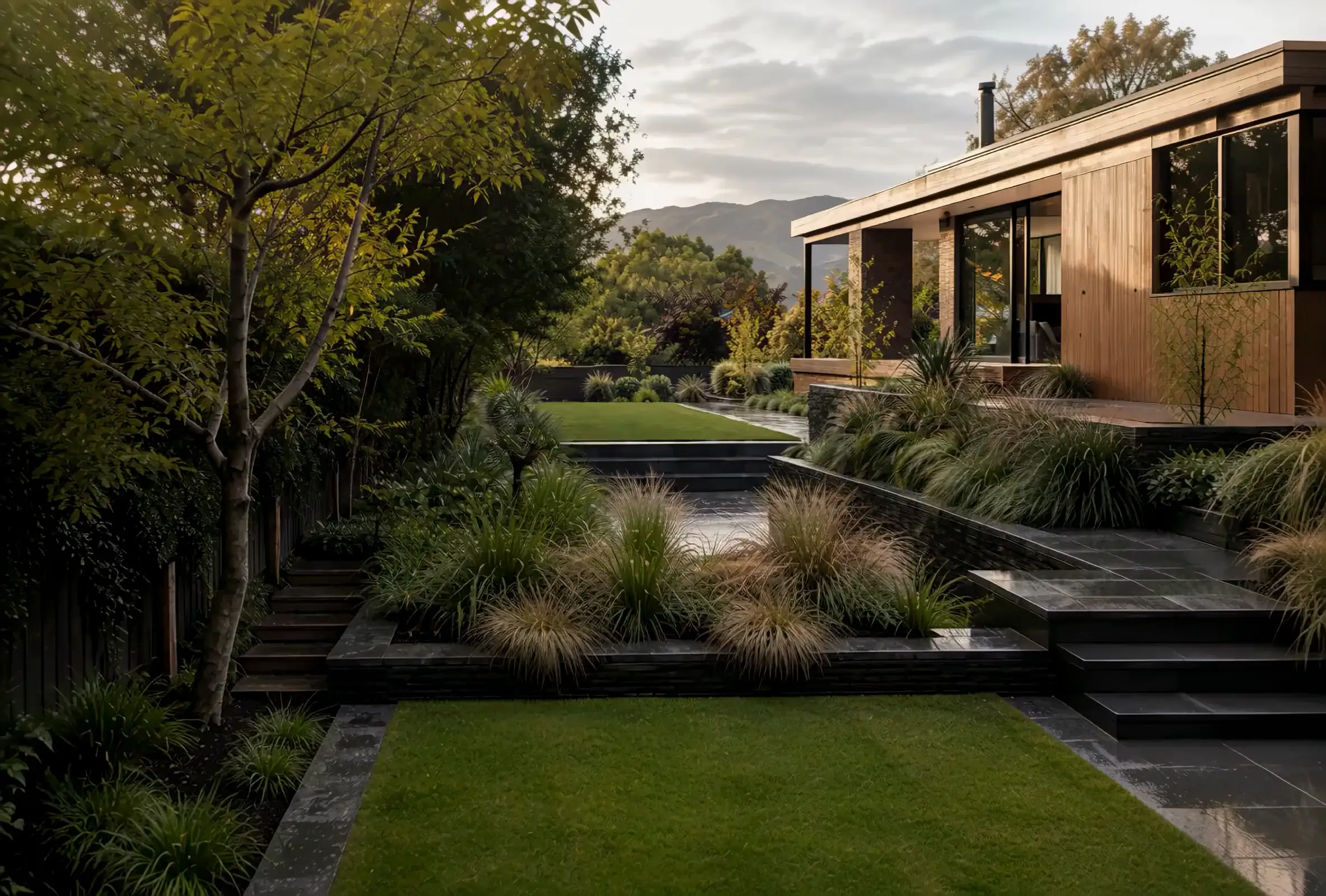 Contemporary planted garden beside a timber and brick home after rain