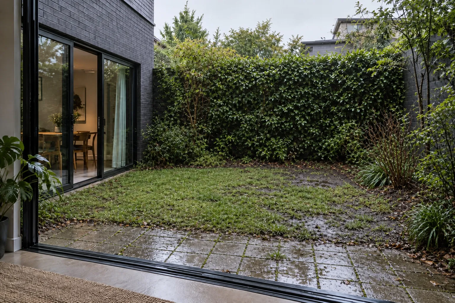 The same courtyard before construction, with worn small pavers, patchy lawn, bare wet ground and an overgrown boundary hedge
