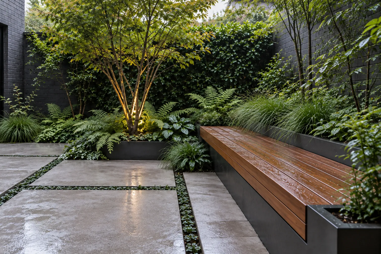 An integrated rain-darkened hardwood bench runs beside a dark-steel planter and illuminated multi-stem tree