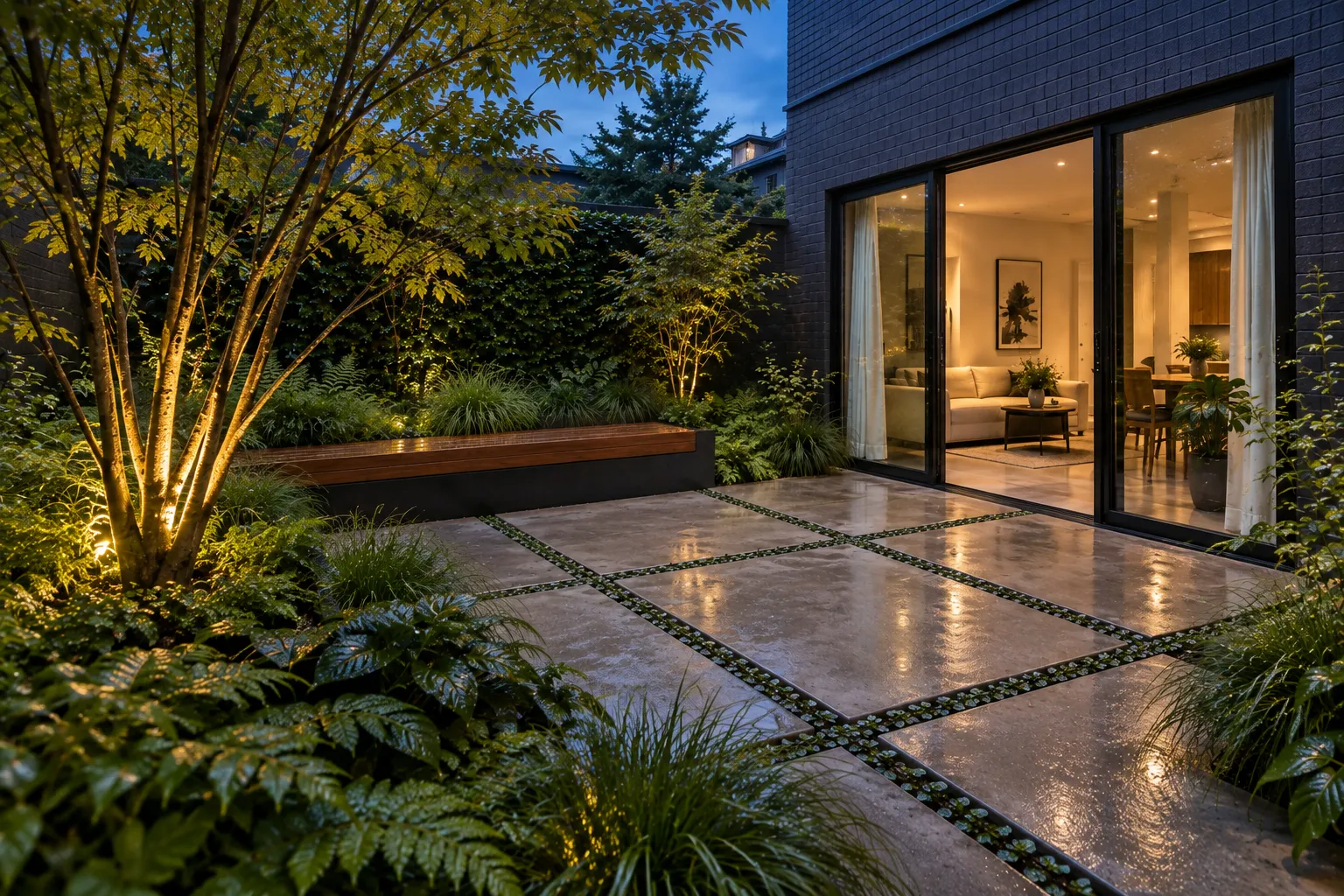 The completed courtyard at blue hour with subtle tree lighting and warm interior light beyond the sliding doors