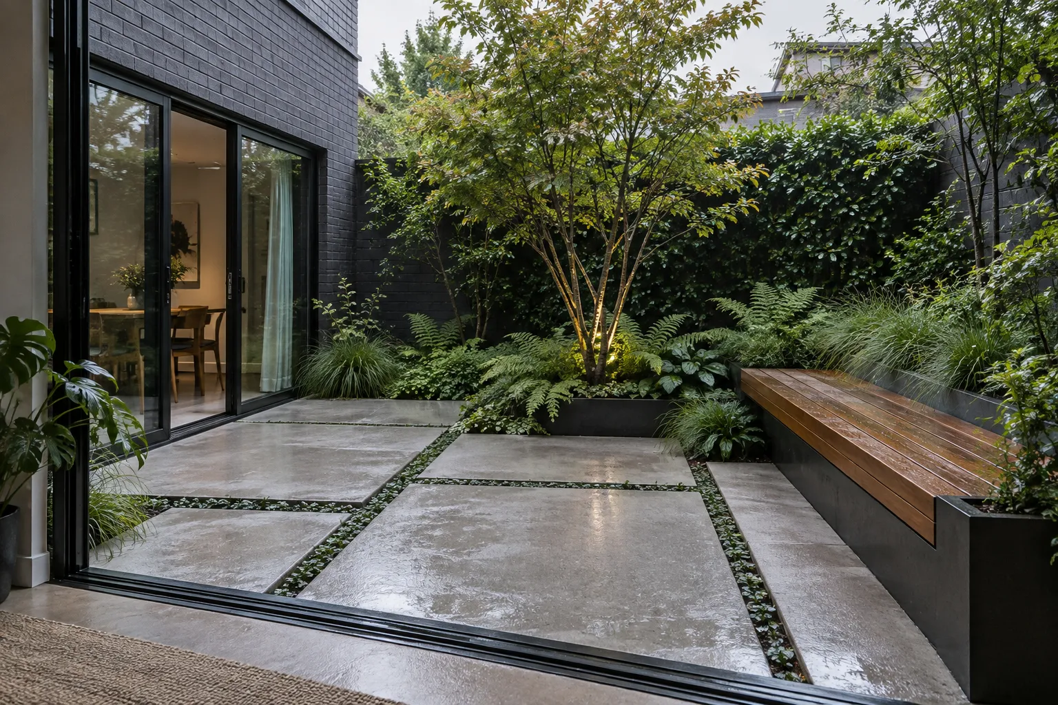 A compact courtyard of wet honed-concrete slabs, layered shade planting and an integrated timber bench beside a charcoal brick townhouse
