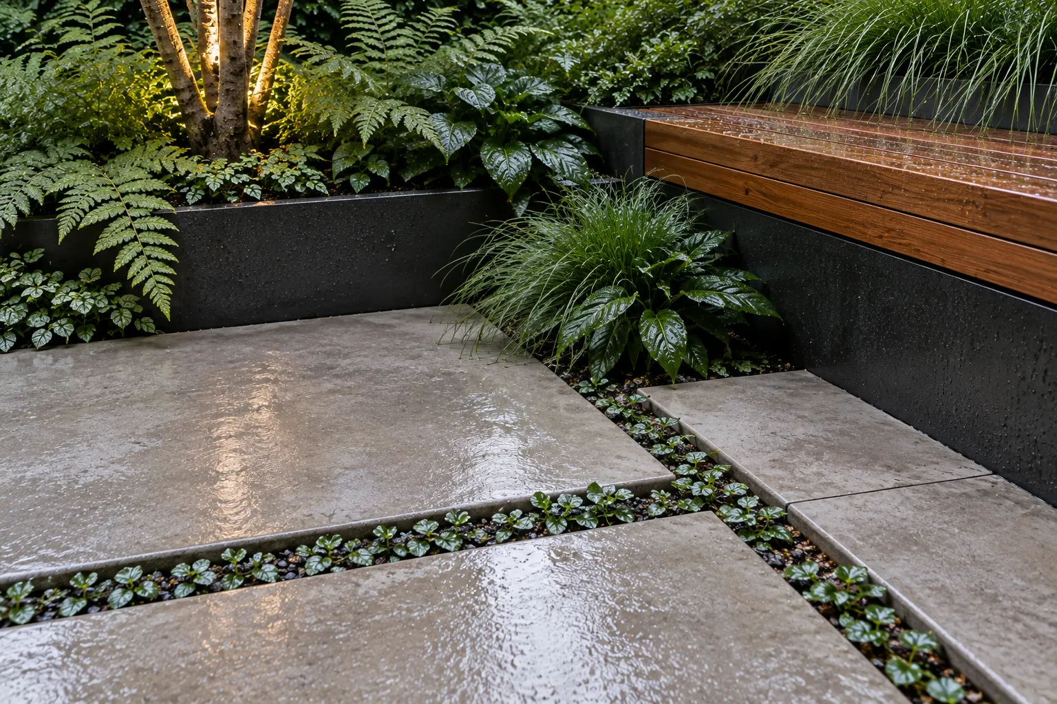 Wet honed-concrete slabs meet planted joints, dark-steel edging and dense fern planting