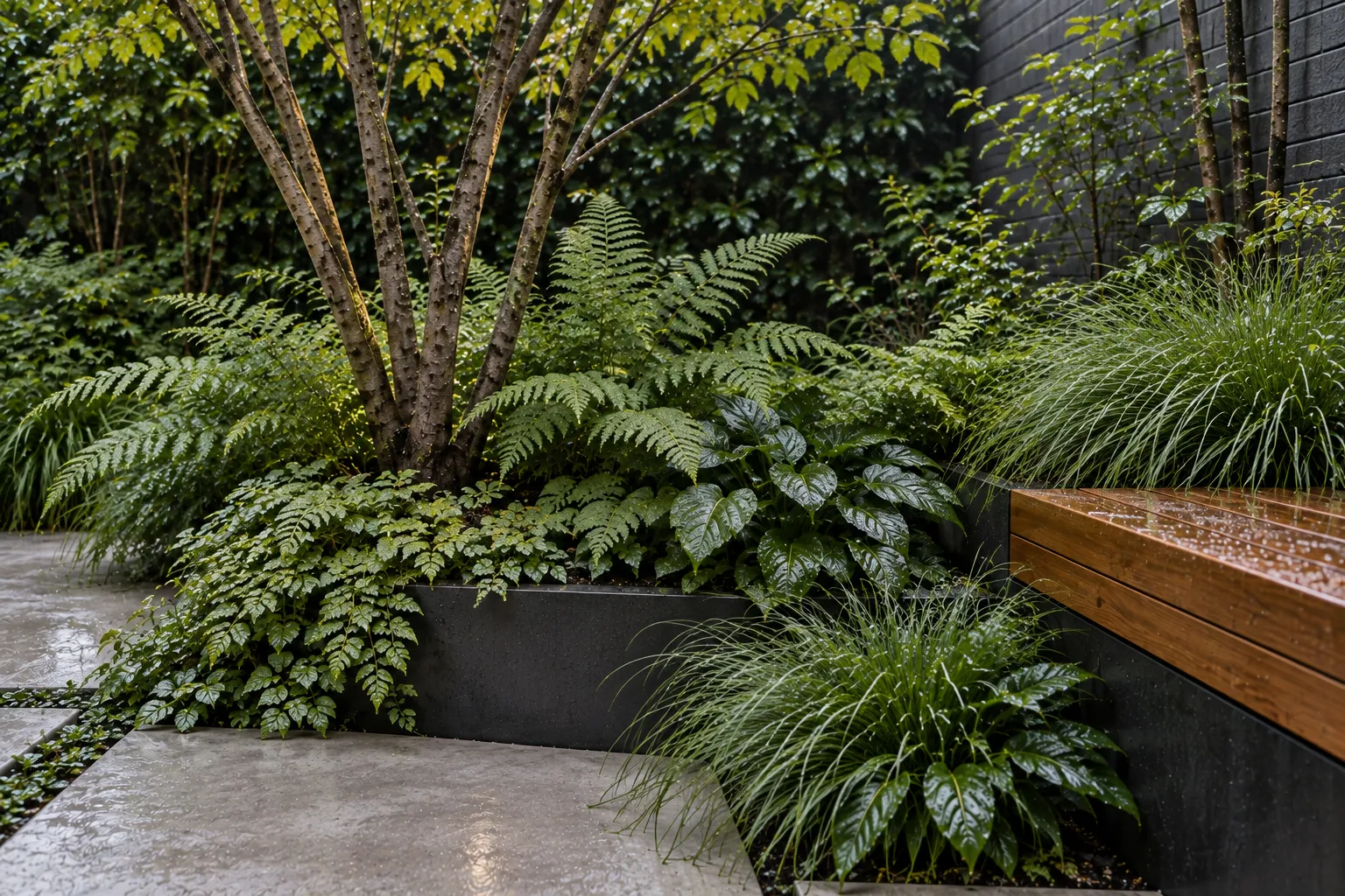 Native ferns, rengarenga and fine carex layer beneath the feature tree beside charcoal brick