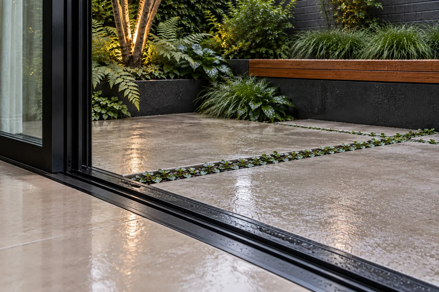 A flush black aluminium sliding-door track meets wet honed-concrete paving and a narrow planted joint