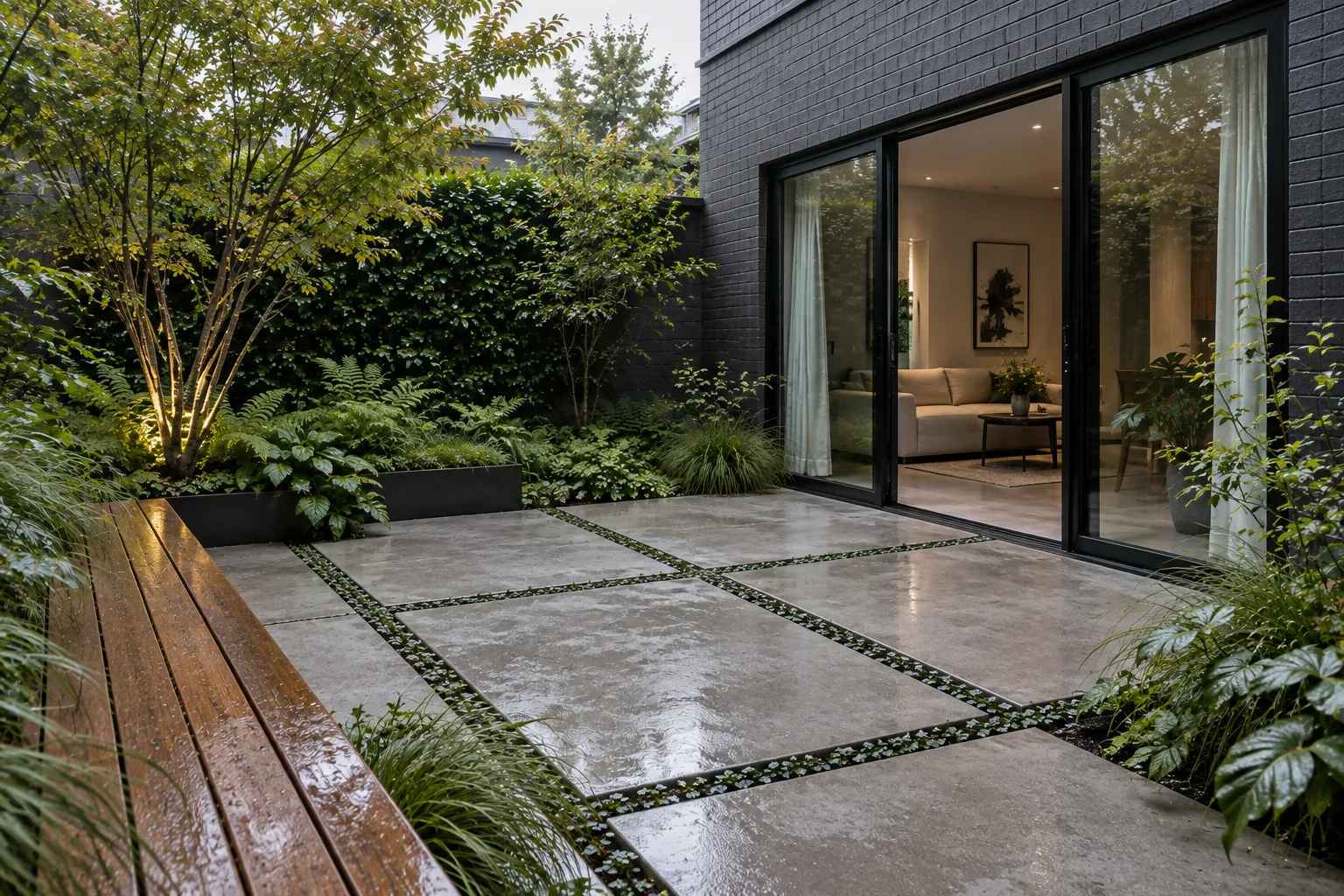 The courtyard seen from the timber bench towards black-framed sliding doors in the charcoal brick townhouse