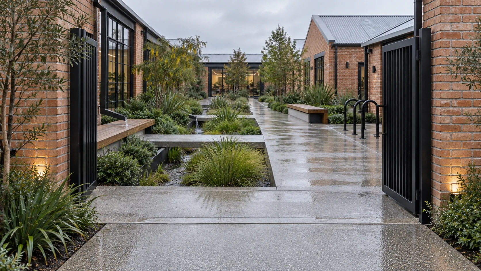 An open black gate frames the accessible concrete route into the planted workplace courtyard