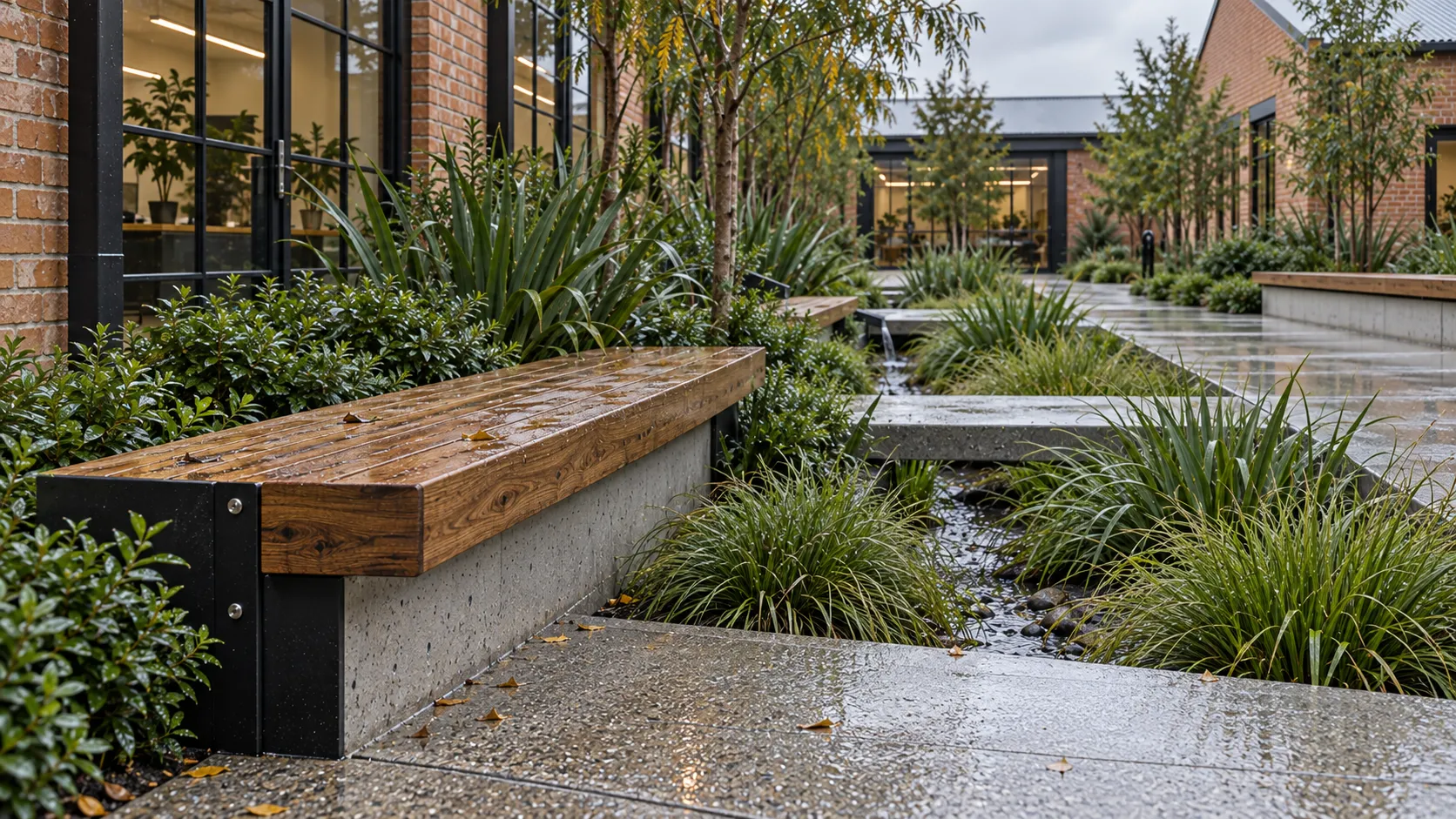 A rain-darkened hardwood seat extends along a concrete rain-garden edge beside dense native planting