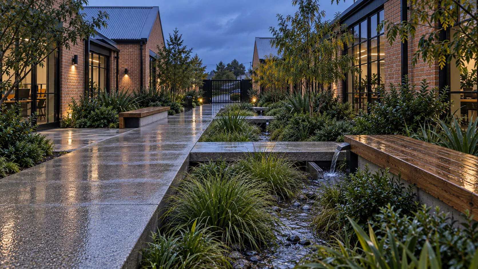 The brick workplace courtyard at blue hour with warm studio light reflected across wet concrete paths
