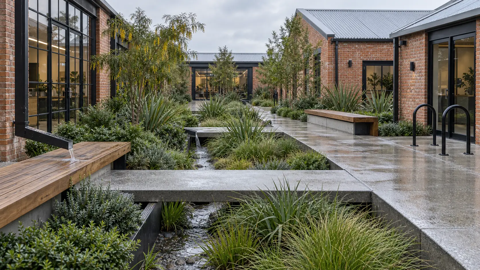 A planted rain garden, concrete paths and timber seating between converted red-brick workshop buildings after rain