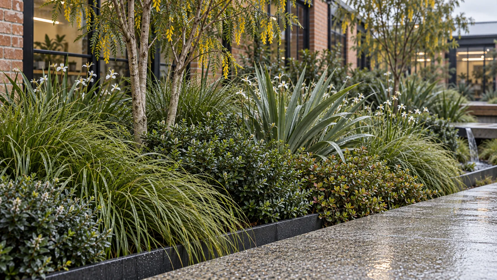 Carex, libertia, astelia and compact shrubs layer beneath small trees beside the wet concrete path