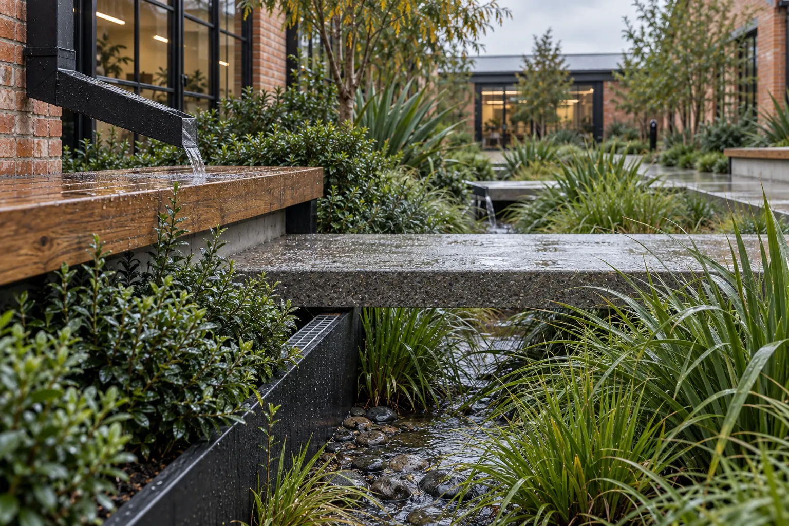 A black-steel roof-water rill feeds a stone-lined planted basin beneath a broad concrete bridge slab