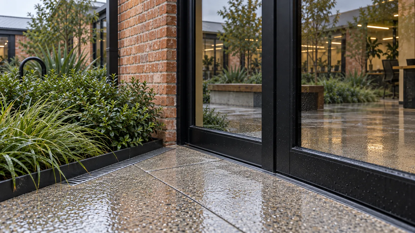 A flush black-framed studio door meets wet exposed-aggregate concrete, a slot drain and low planting